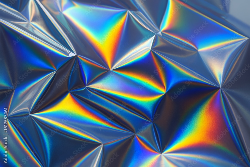Poster abstract geometric pattern with iridescent rainbow light reflections on folded metallic surface back