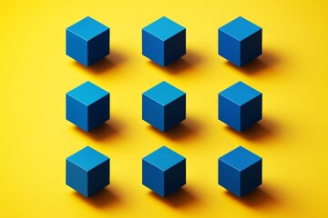 Fototapeta premium Abstract pattern of blue cubes evenly spaced on vibrant yellow background with dramatic lighting and shadows creating modern geometric graphics.. Ai generative