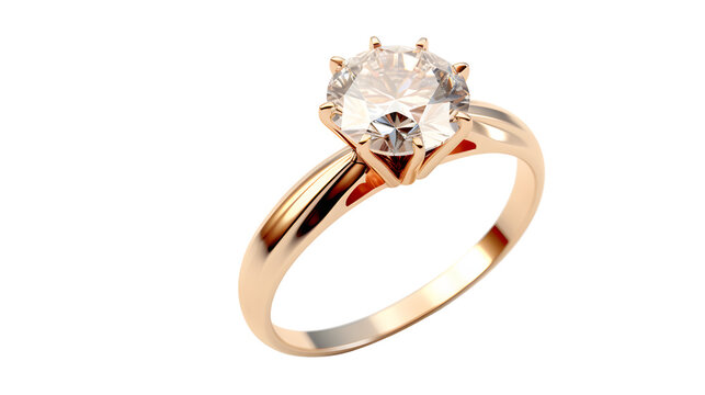 Close up of a gold ring with a large clear diamond stone set