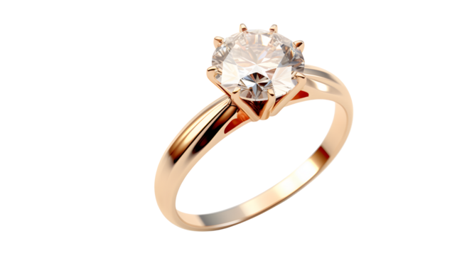 Close up of a gold ring with a large clear diamond stone set