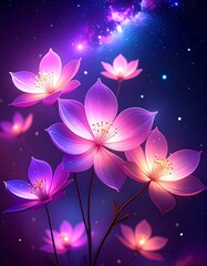 Glowing flowers in cosmic night