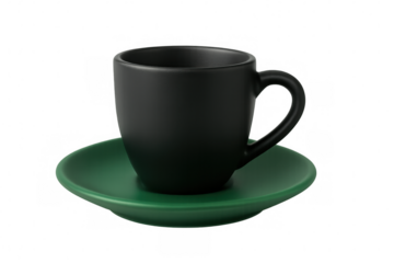 Black coffee cup standing on a green saucer, isolated on a transparent background, perfect for cafe and restaurant visuals