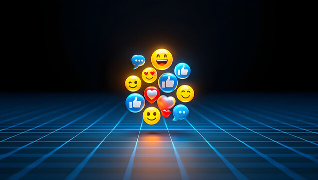 Vibrant Social Media Emoji Collection on Abstract Grid Background Radiating Positivity and Connection in the Digital World