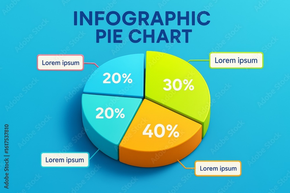 Poster colorful infographic pie chart illustration with labeled segments on blue background, representing d