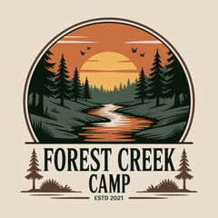 A traditional design illustrating Forest Creek Camp with a stunning sunset backdrop, reflecting the joy of outdoor activities and the beauty of nature in a tranquil setting.