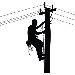 Vector graphic silhouette of a utility lineman at work. Electrician climbing an electric pole for repair and maintenance.