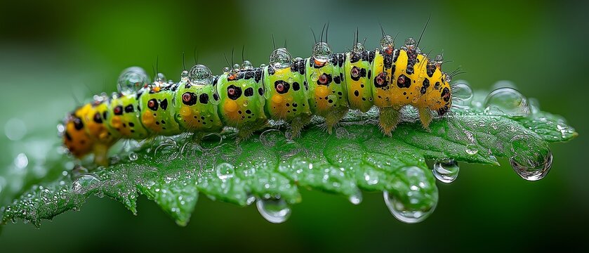 A caterpillar in a hazy forest crawls on a leaf soaked with dew during a downpour.