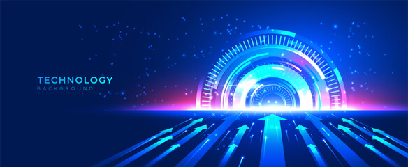 Technology background vector with glowing circular digital interface and arrows moving forward. Futuristic design in blue and pink tones, perfect for websites, covers, and presentations