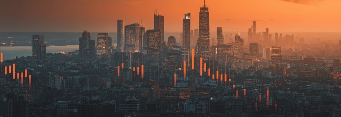 A cityscape with a chart superimposed