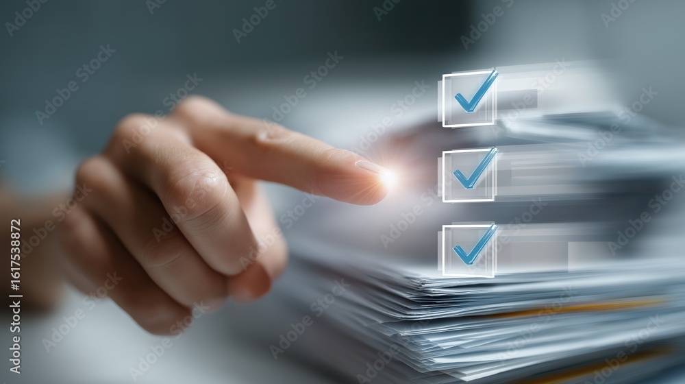 Poster a hand is pointing at a stack of papers with three check boxes on top. concept of organization and a