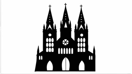 Obraz premium Silhouette of a gothic cathedral with three spires and arched entrances against a white background view