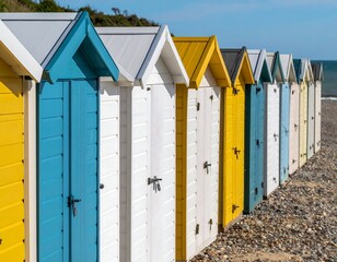 Colorful beach huts line the shore