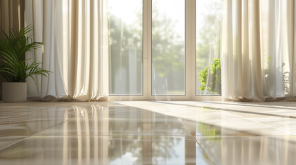 Fototapeta premium Bright interior space with sheer curtains and floor reflections on polished tiled surface
