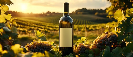 White wine bottle in a scenic vineyard setting