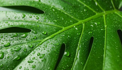 Close up photo of a monstera leaf with raindrops on it	