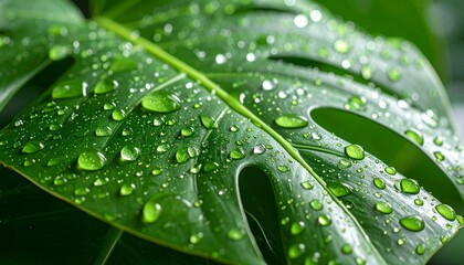 Close up photo of a monstera leaf with raindrops on it	