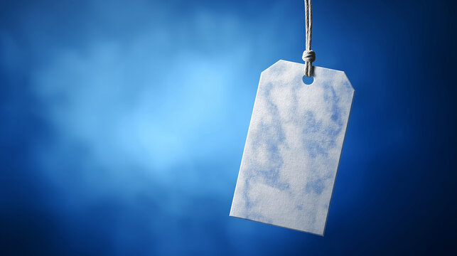 Vintage paper tag floating in blue space with abstract texture, minimalist design concept.