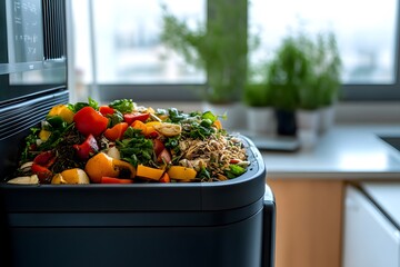 Kitchen compost bin packed with food waste