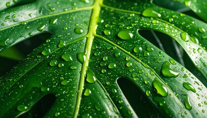 Close up photo of a monstera leaf with raindrops on it	