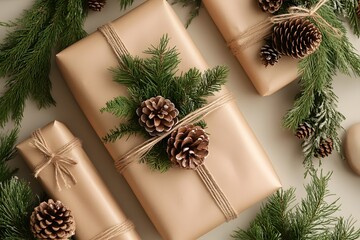 Rustic gifts wrapped in twine & pinecones