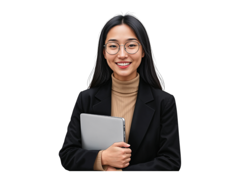 Smiling Asian Businesswoman Holding Laptop on Transparent Background