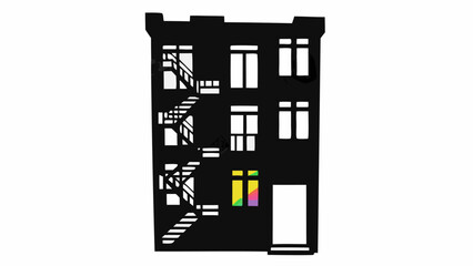 Fototapeta premium Silhouette of a building with fire escape and rainbow window on a white background in a simple style