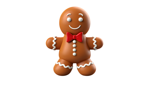 Gingerbread man with red bow tie on a transparent background
