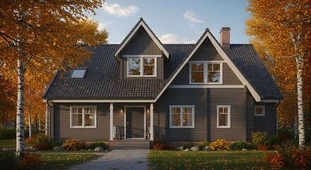 Cozy Autumn House Exterior with Fall Foliage
