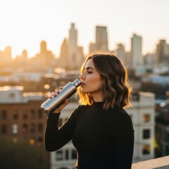 Woman drinks from reusable water bottle on a rooftop at sunset with city skyline in the background