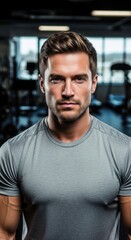 Handsome man with muscular arms posing in a gym looking directly at the camera