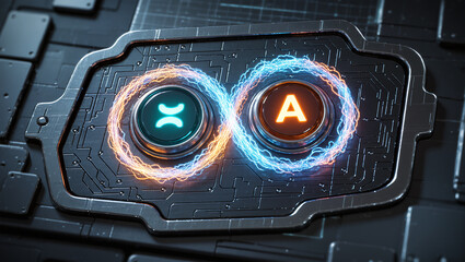 Dual energy symbols pulsating in a futuristic digital landscape