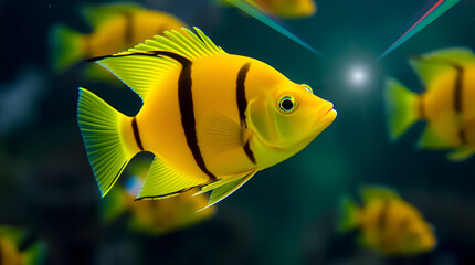 Naklejka premium Striped Angelfish Vibrant Yellow and Black Aquatic Beauty ,