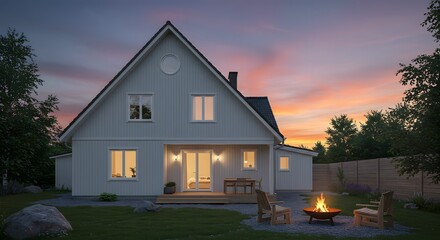 Cozy Home Exterior at Sunset with Fire Pit