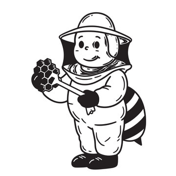 recommend clip art: Cartoon beekeeper character smiling and holding honeycomb depicting a sweet beekeeping profession