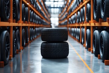 Warehouse stacked with rows of car tires