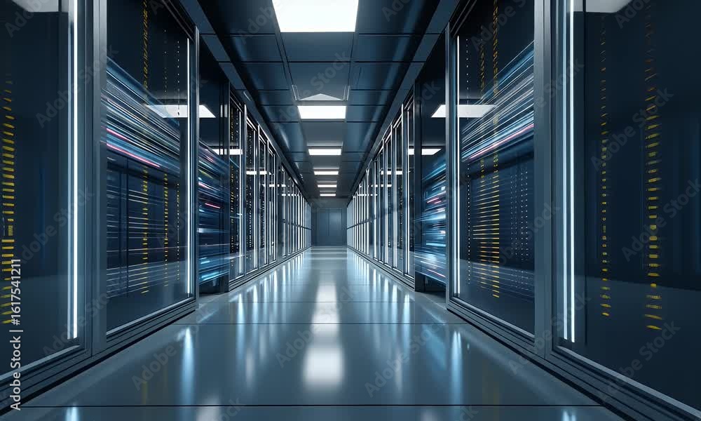 Poster a long corridor of a data center with light streaks and digital lines flowing across the ceiling, re