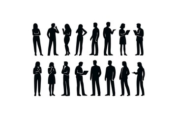 Silhouette of a Diverse Group of Professionals in Various Poses Depicting Business and Teamwork Dynamics on White Background