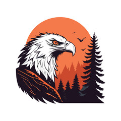 Majestic Eagle in Wilderness with Sunset and Pine Trees

