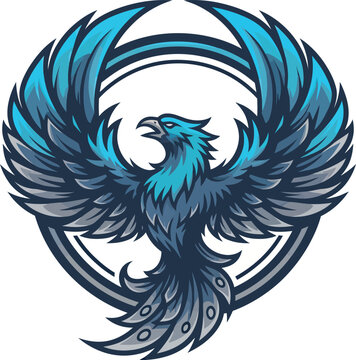 A majestic blue phoenix, wings outstretched, encircled by a stylized frame.