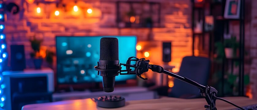 Home studio setup with mic & vibrant lighting