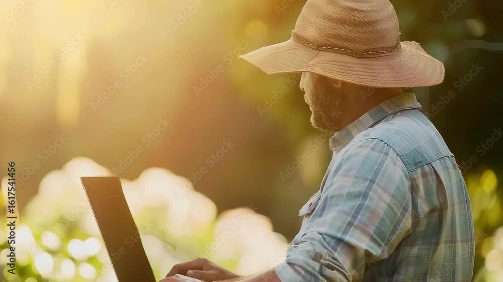 Fototapete Close-up of a modern farmer working on a laptop computer with a blurred rural background. Copy space available for adding text or graphics. Concept of technology in agriculture.