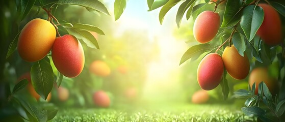 Mango trees heavy with ripe fruit in the tropics