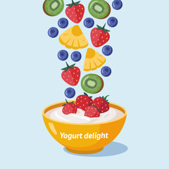A beautifully arranged yogurt bowl featuring a delightful mix of strawberries, blueberries, and pineapple creating a refreshing and tasty treat.
