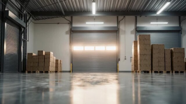 Warehouse interior with stacked boxes on pallets near closed loading dock doors