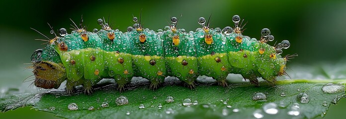 A caterpillar in a hazy forest crawls on a leaf soaked with dew during a downpour.