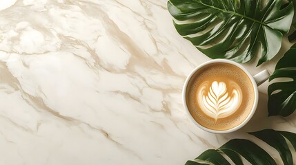 Top-down view of coffee on a marble countertop