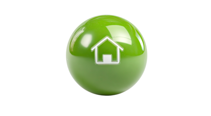 Green sphere icon, glossy finish, home symbol