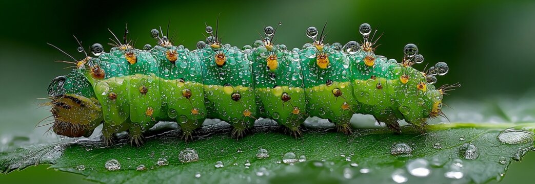 A caterpillar in a hazy forest crawls on a leaf soaked with dew during a downpour. - Powered by Adobe
