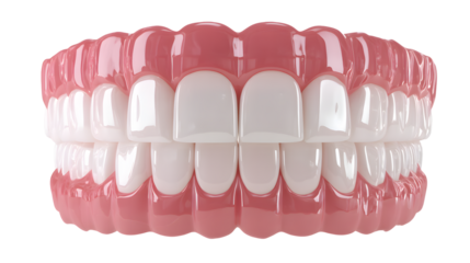 Close up of a set of dentures against a transparent background