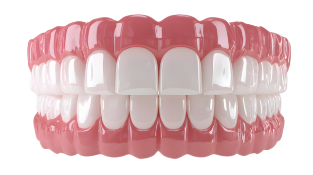 Close up of a set of dentures against a transparent background